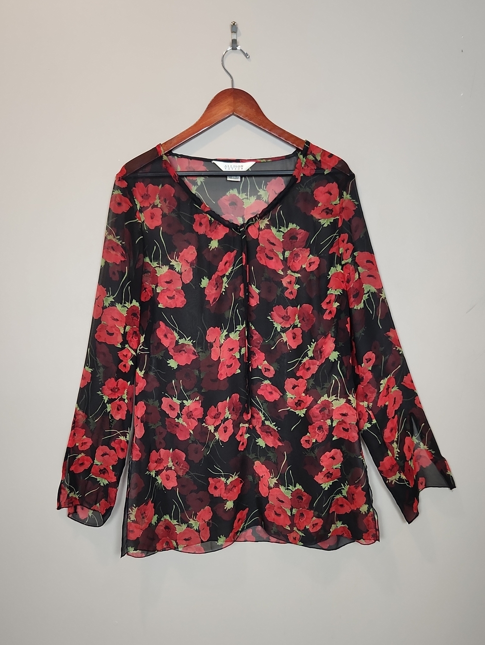 Vintage Allison Taylor Sheer 100% Silk Blouse with Red Poppy Print Large